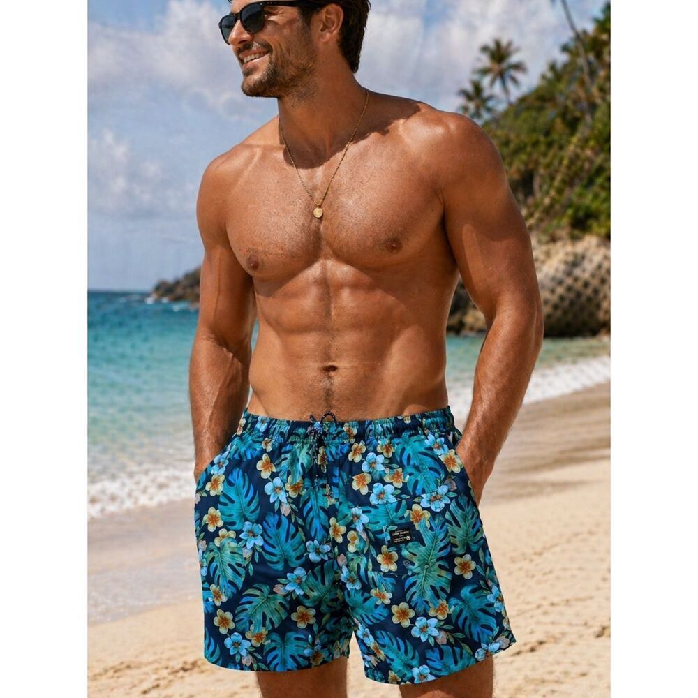 Ocean Current Tropical Swim Trunks Men’s XL | Blue Floral Hawaiian Board Shorts